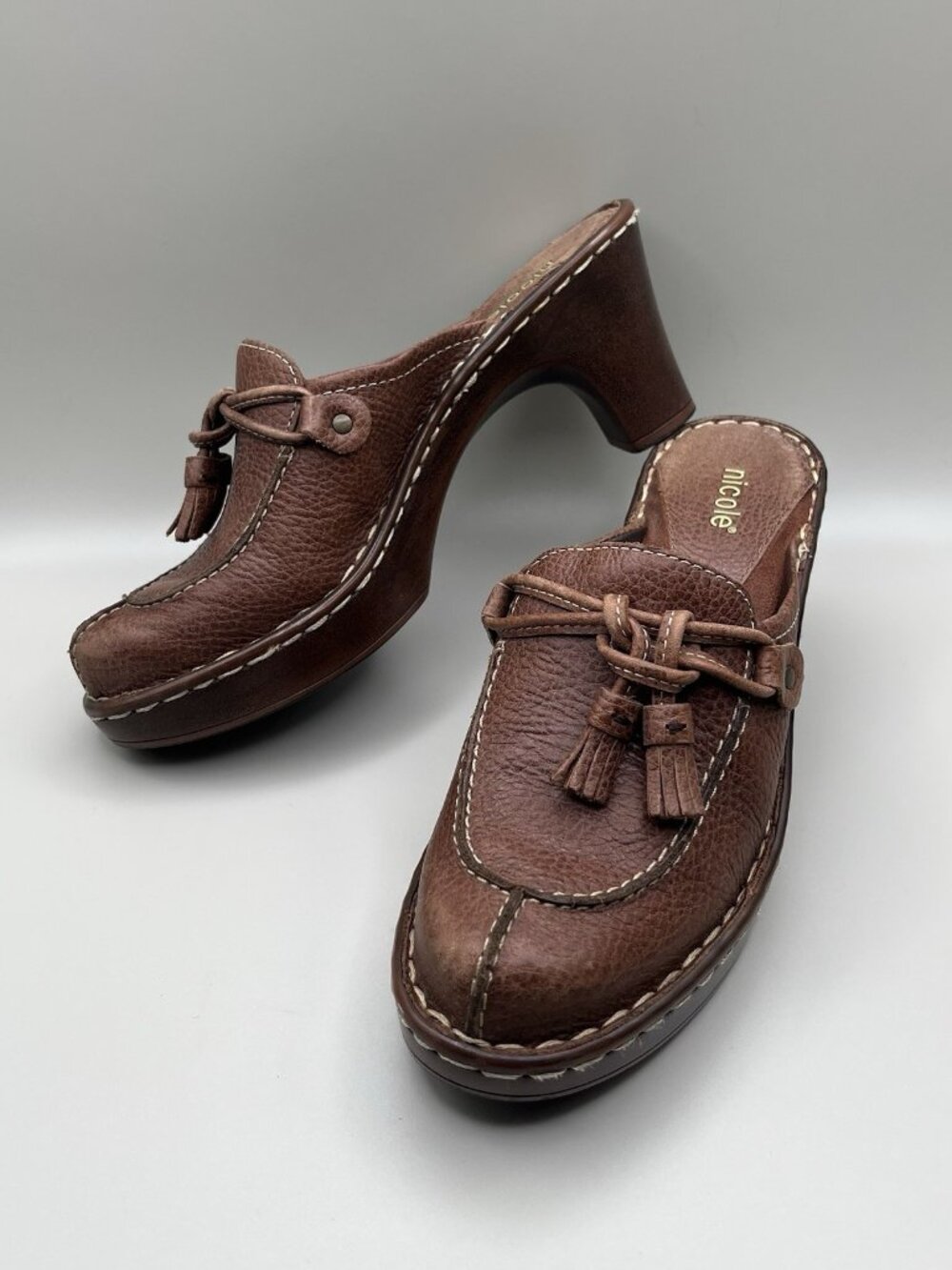 Nicole Y2K Brown Platform Loafer Mules Chunky Heels Boho Academia Preppy Size 7